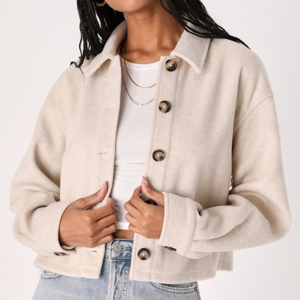 Lulus Comfy Essence Beige Cropped Shacket - Size M